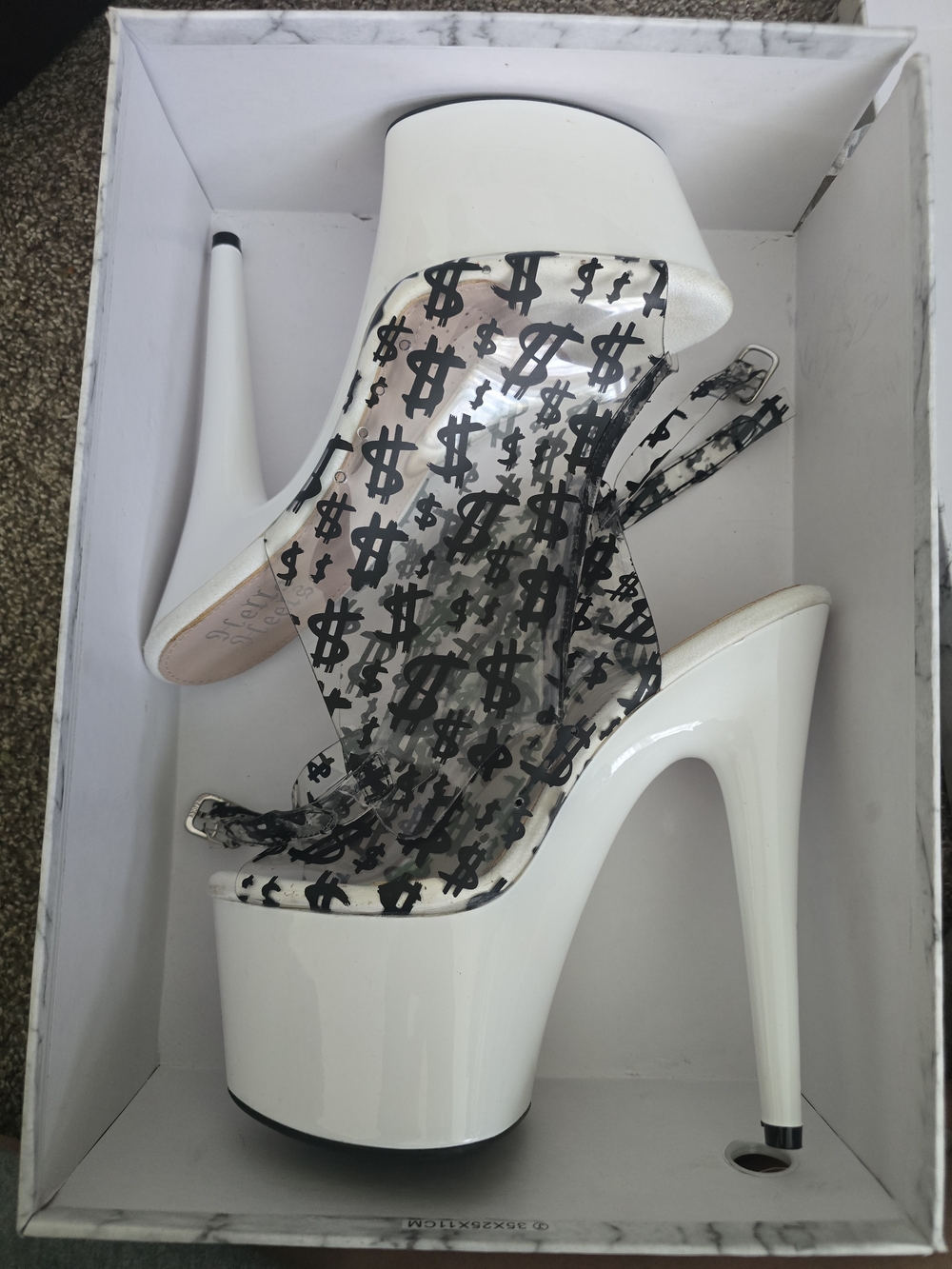 White Platform Stiletto Sandals with Clear Dollar-Print Upper